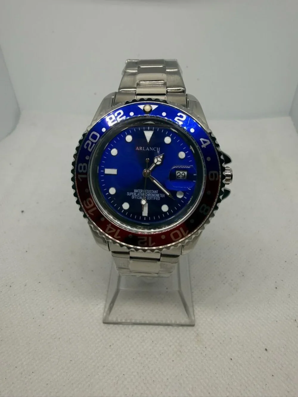 Arlanch Men's 40mm Blue Dial Red Blue Pepsi Bezel Rotating Diver Quartz Watch